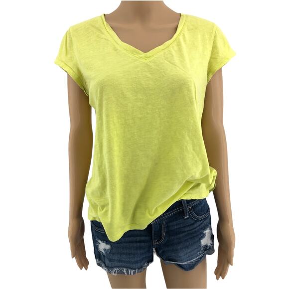 ANA A New Approach LARGE Petite Neon Yellow Burnout V Neck Basic Tee Shirt - Picture 1 of 5